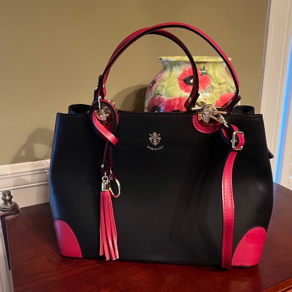 Italian leather black and red convertible shoulder bag